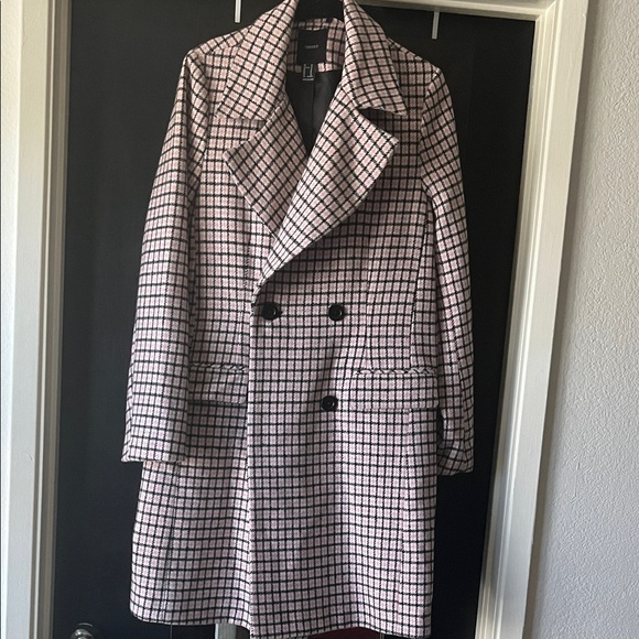 Forever 21 Jackets & Blazers - Forever 21 Pink and Black Checked Double-Breasted Pea Coat